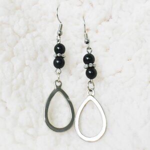 Black and Silver Teardrop Dangle Earrings Handmade Hypoallergenic Jewelry